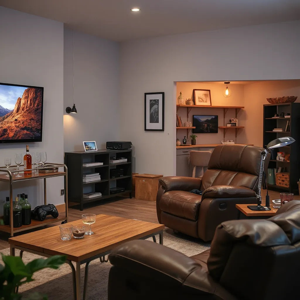 Cozy man cave interior with leather seating, TV, bar cart, and warm ambient lighting