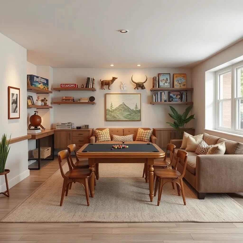 Tidily arranged game room with a game table, comfortable seating, and shelves of board games