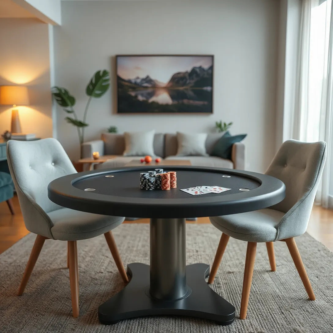 Cozy living room with a modern poker table, chips, and playing cards ready for a first game