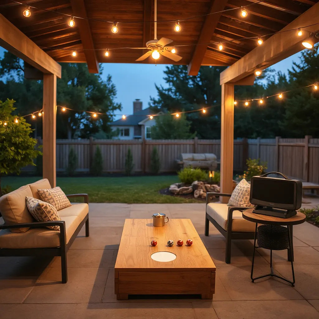 Backyard patio at dusk with outdoor seating, a tabletop game setup, and a portable speaker