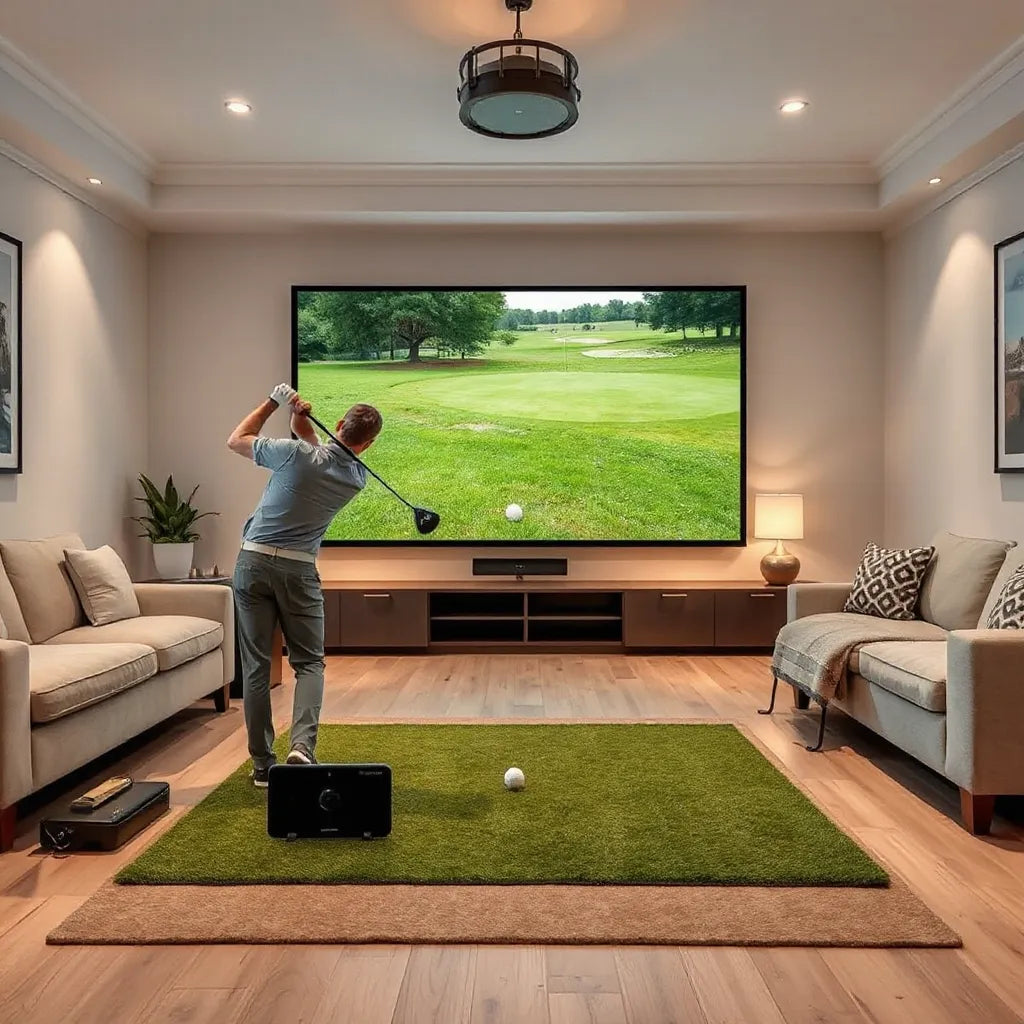 Golfer hitting a ball toward a projection screen with launch monitor and golf mat in view