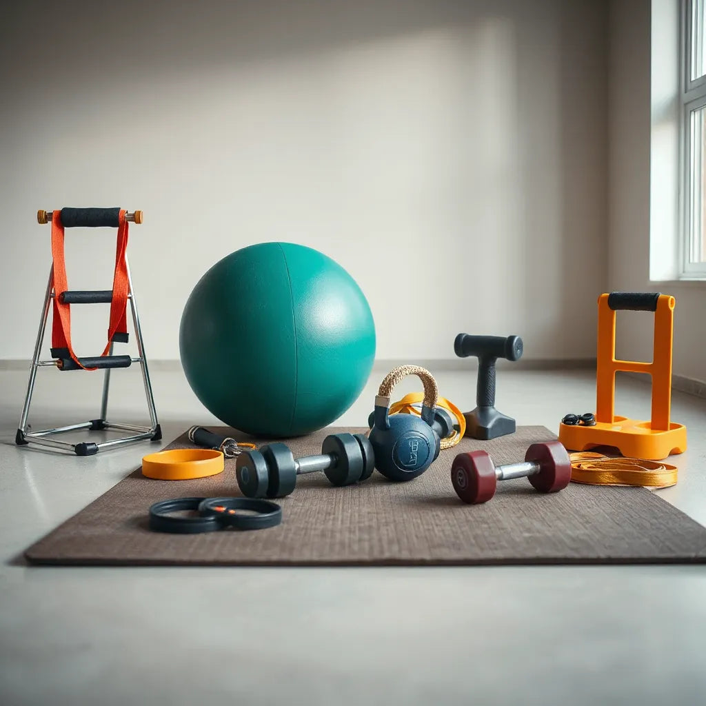 Training gear for sports on a clean home-gym floor: bands, medicine ball, dumbbells, jump rope, and ladder