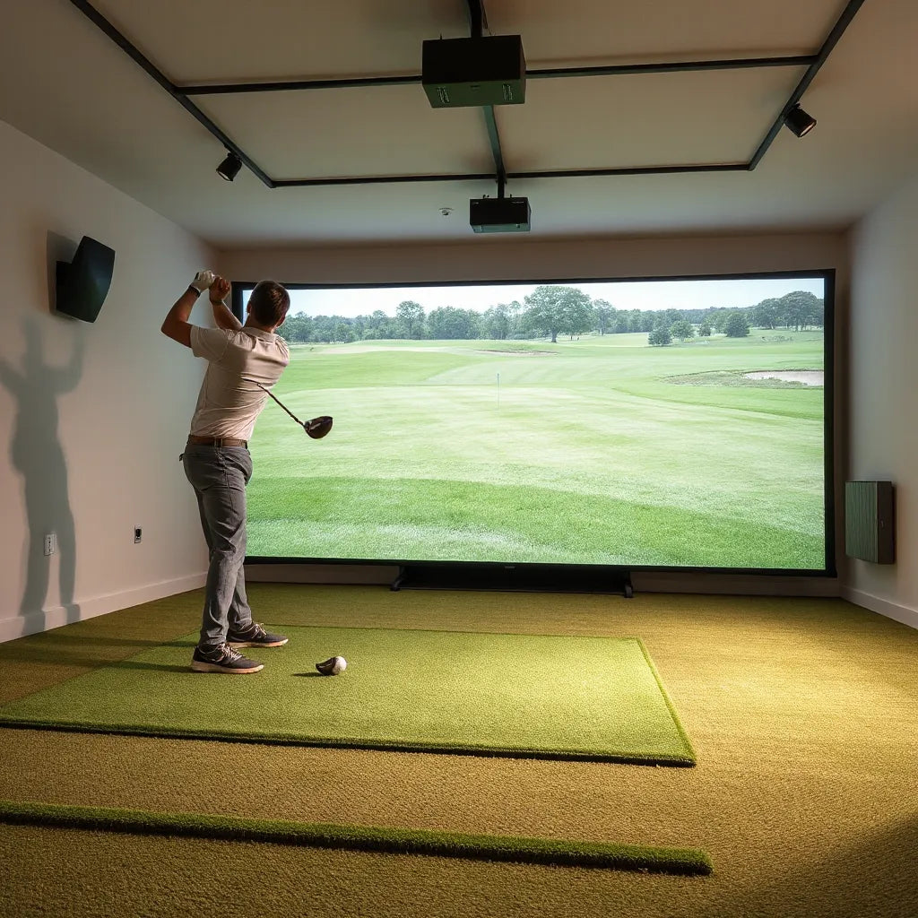 Golfer practicing on an indoor golf simulator with a hitting mat and projection screen
