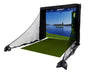 Golf simulator with a projector screen displaying a golf course, surrounded by black netting.