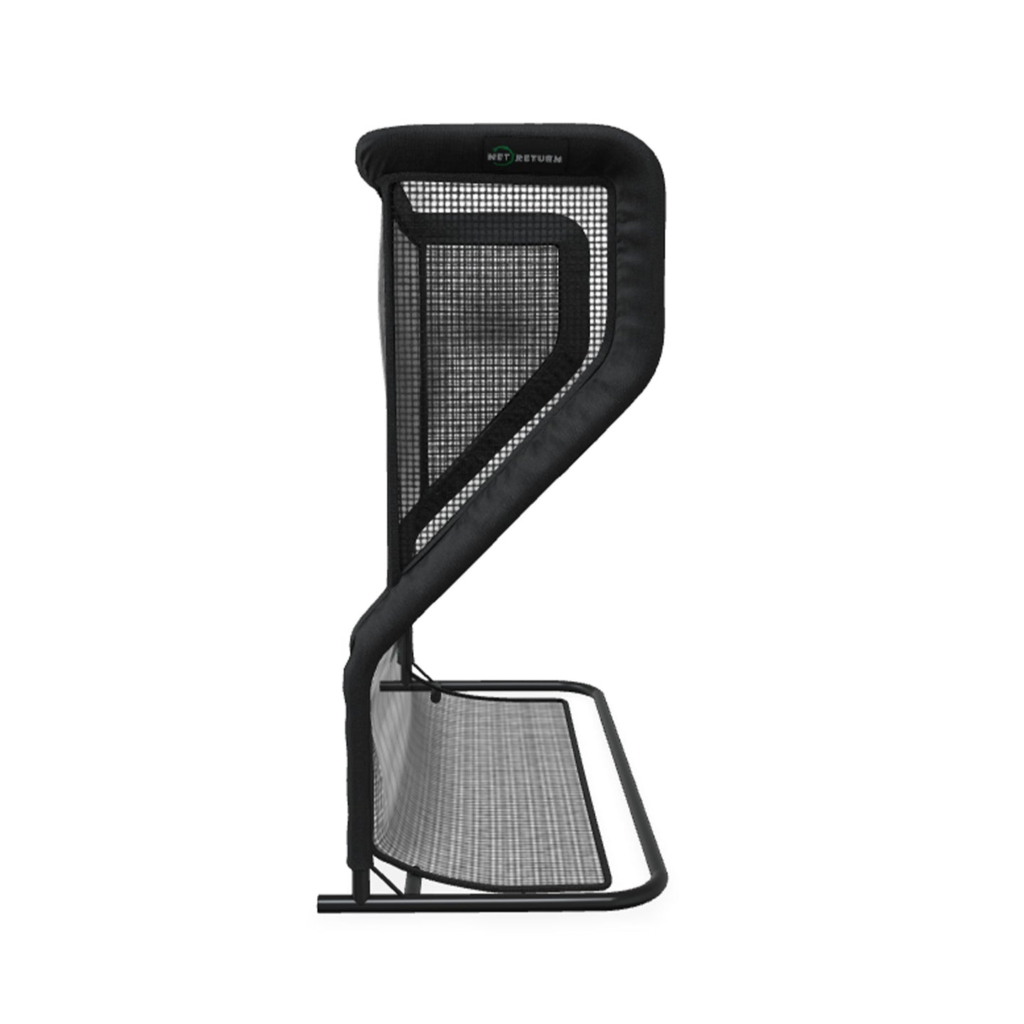 Side view of a black net return practice net with a sturdy frame.