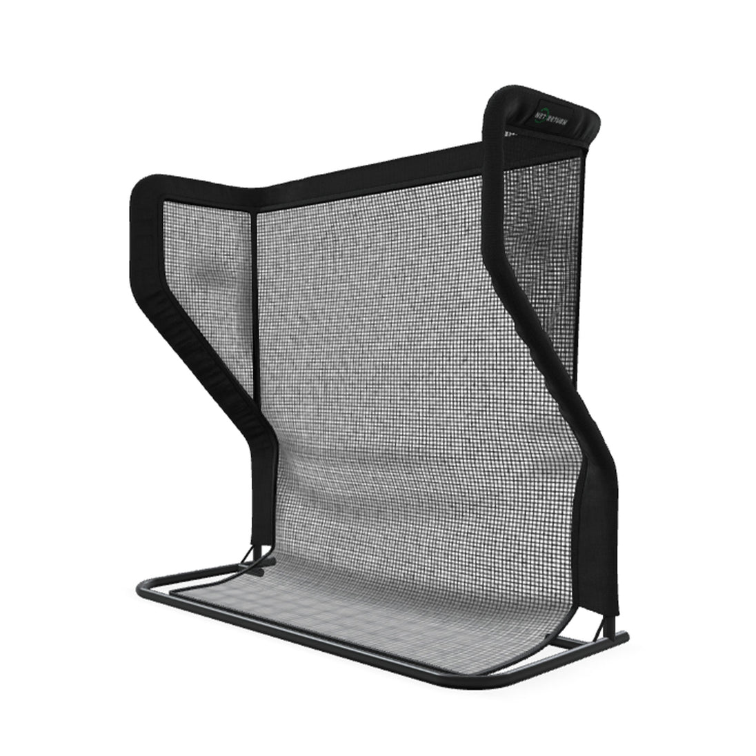 A black mesh back support with a sturdy metal frame, designed for ergonomic seating.