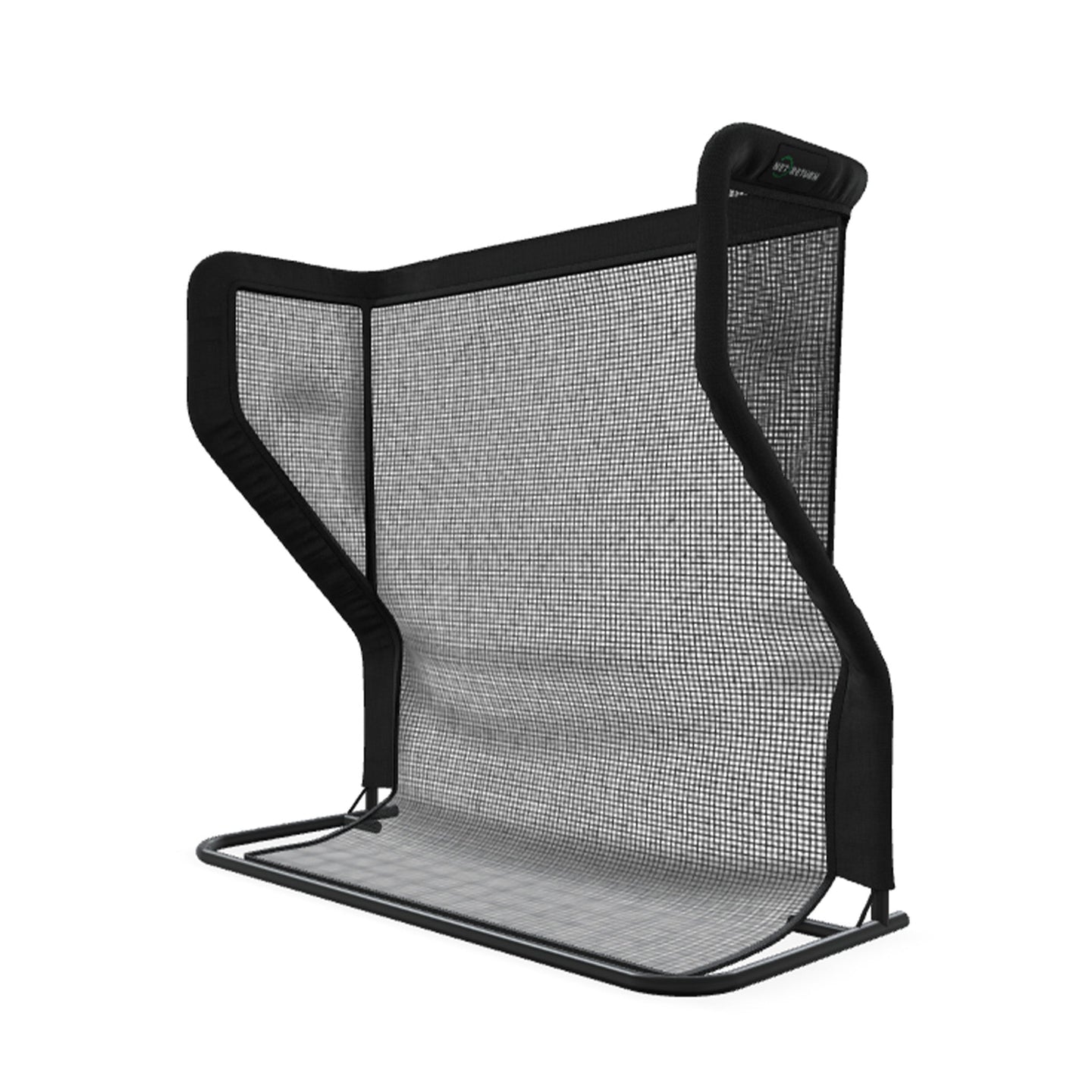 A black mesh back support with a sturdy metal frame, designed for ergonomic seating.