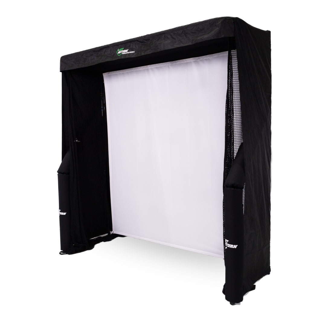 A rectangular black frame with a white screen in the center, resembling a golf simulator setup.