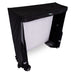 Portable golf simulation screen with black frame and side netting.