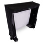 Portable golf simulation screen with black frame and side netting.