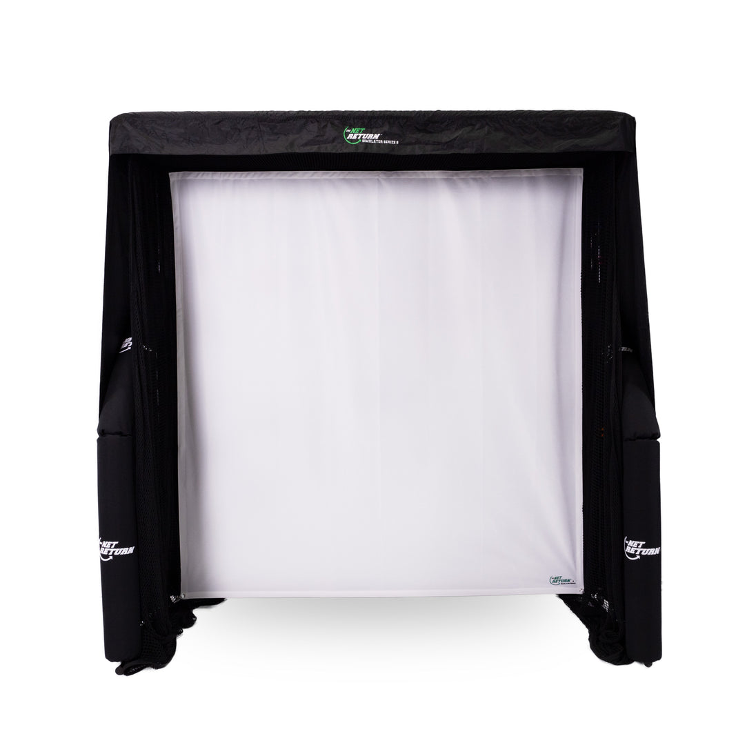A black and white sports net is set up, designed for indoor use. It has a white mesh backdrop and is surrounded by a black frame.
