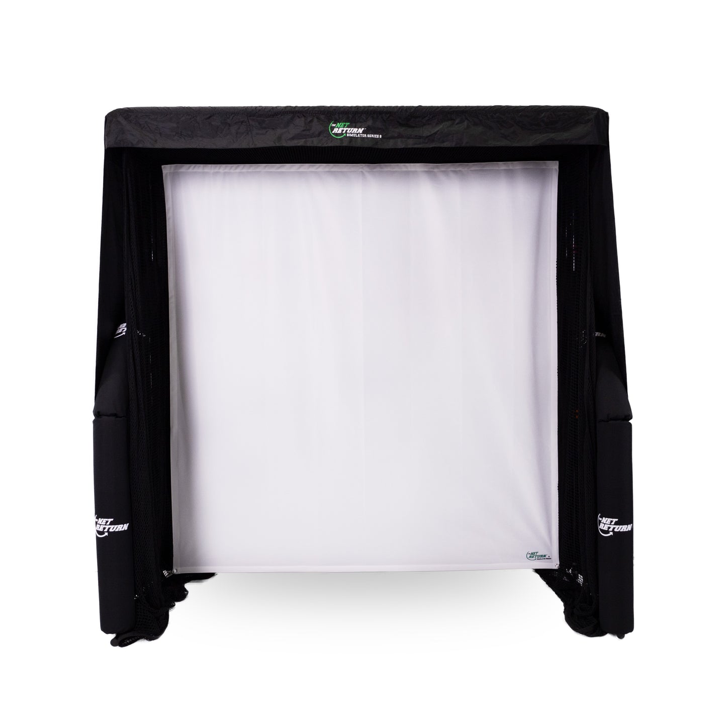 A black and white sports net is set up, designed for indoor use. It has a white mesh backdrop and is surrounded by a black frame.