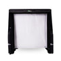 A black and white sports net is set up, designed for indoor use. It has a white mesh backdrop and is surrounded by a black frame.