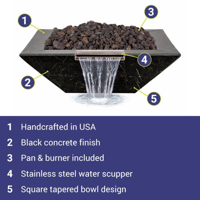 OC Outdoorscapes 26" x 26" Square Black Marble Fire & Water Bowl - Natural Gas