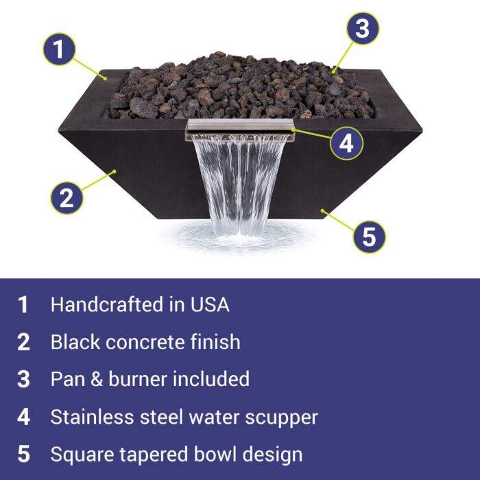 OC Outdoorscapes 26" x 26" Square Carbon Black Fire & Water Bowl - Natural Gas