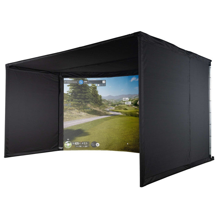 Carl's curved golf simulator enclosure with golfer using iron