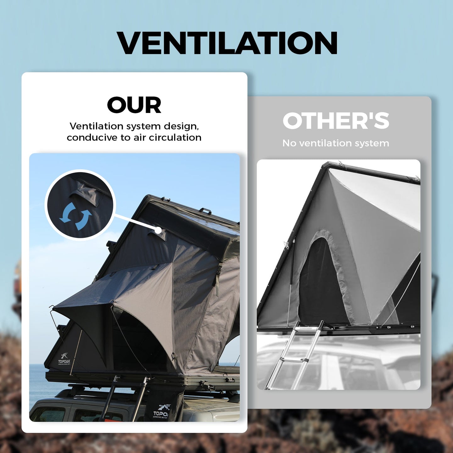Ventilation comparison showing airflow design of the TOPOAK Stellar rooftop tent versus other rooftop tents