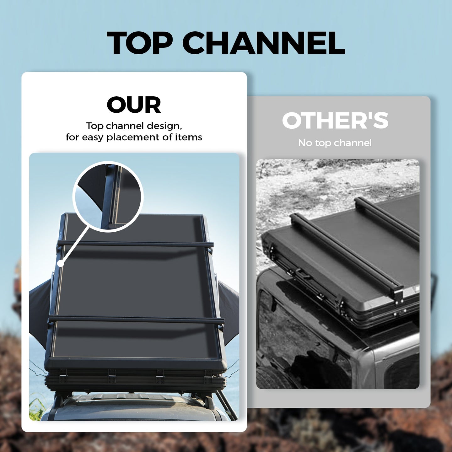 Top channel comparison showing accessory mounting options on the TOPOAK Stellar rooftop tent versus other designs